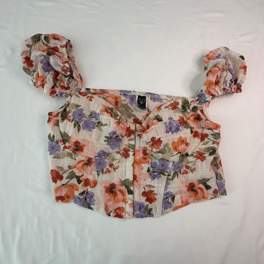 Windsor Floral Corset Crop Top Orange Purple Puff Sleeve Hook Eye